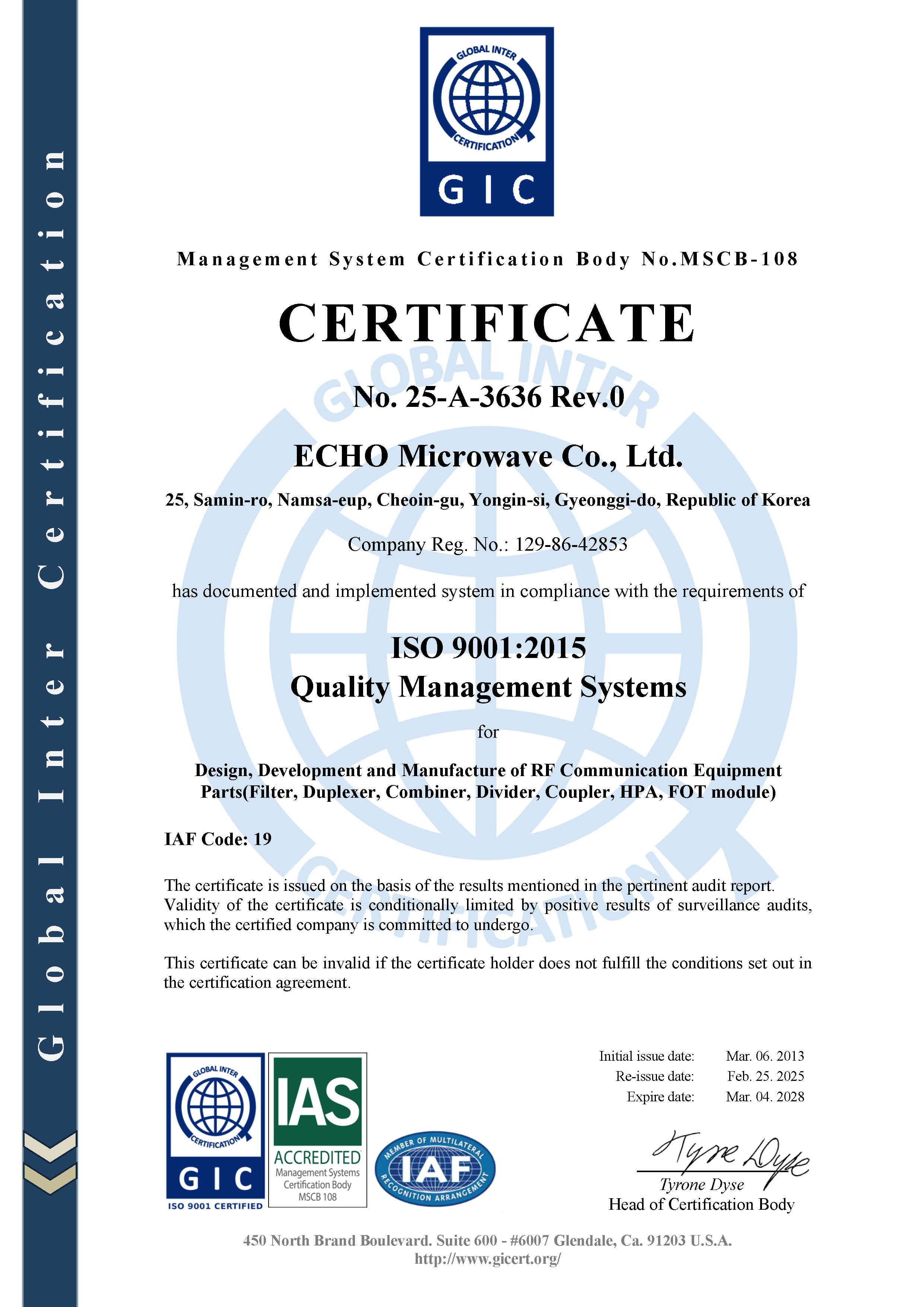 ISO 9001 Certificate - ECHO Microwave
